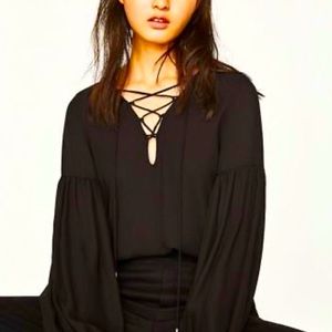 Zara Lace Up V Neck Black Bodysuit